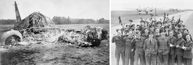 A crashed and burnt out Wellington bomber and crews of 106 Sqn with their C.O. Wg Cdr Guy Gibson