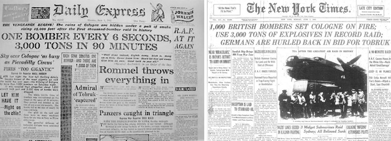 The 1,000 bomber raid gained wide publicity as these newspaper headlines show.