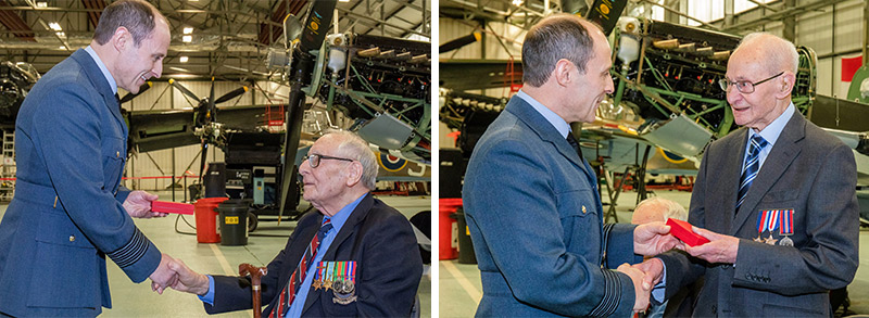 Gp Capt Mark Flewin presents Air Gunner Bert Hammond and Signalman Harry Archer with a Legion d’Honneur