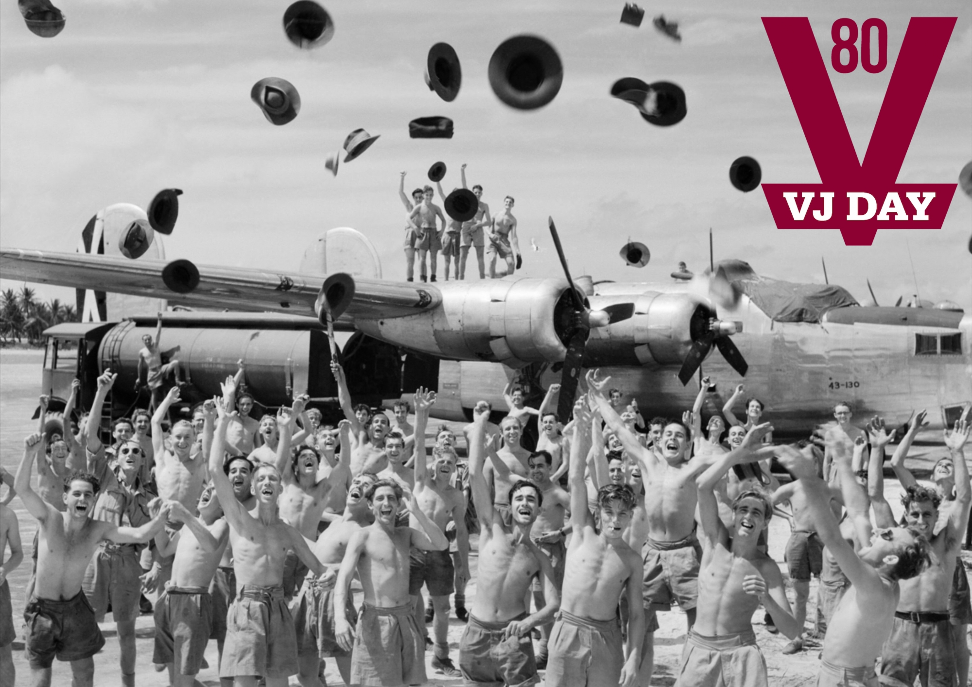 VJ Day 356 Sqn ground crews with Liberator VI