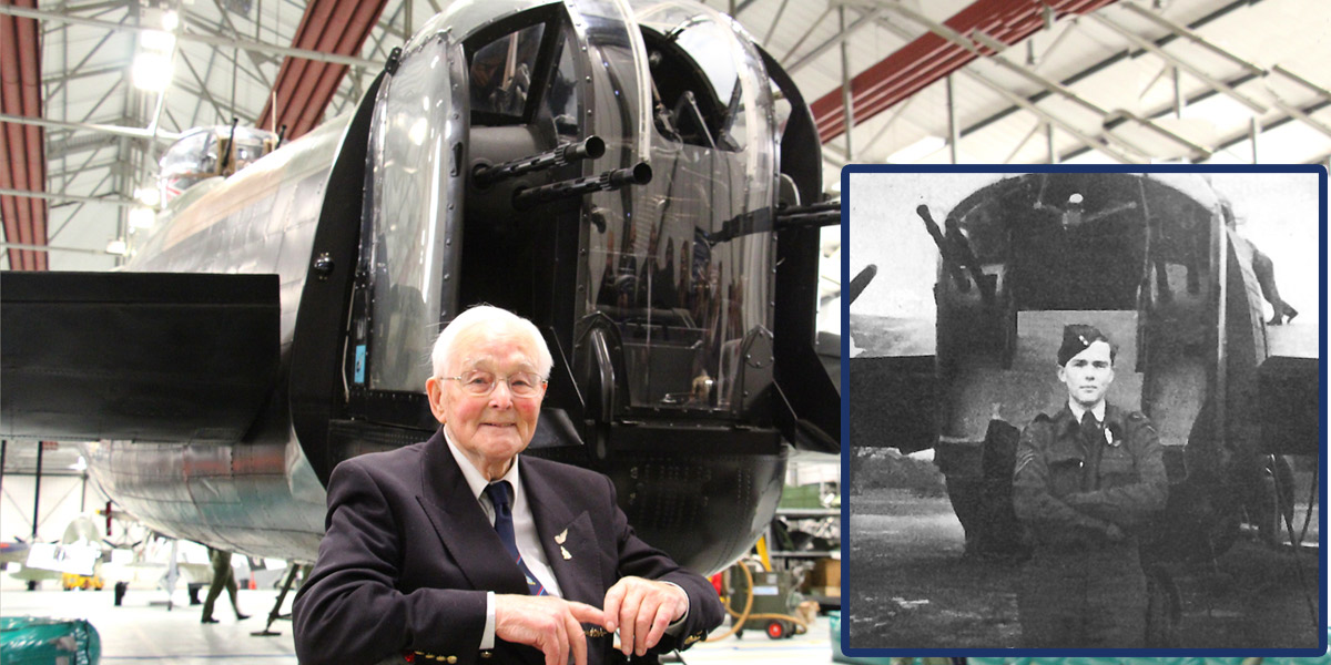 James Flowers, Lancaster rear gunner, photographed by the rear turret of BBMF Lancaster PA474