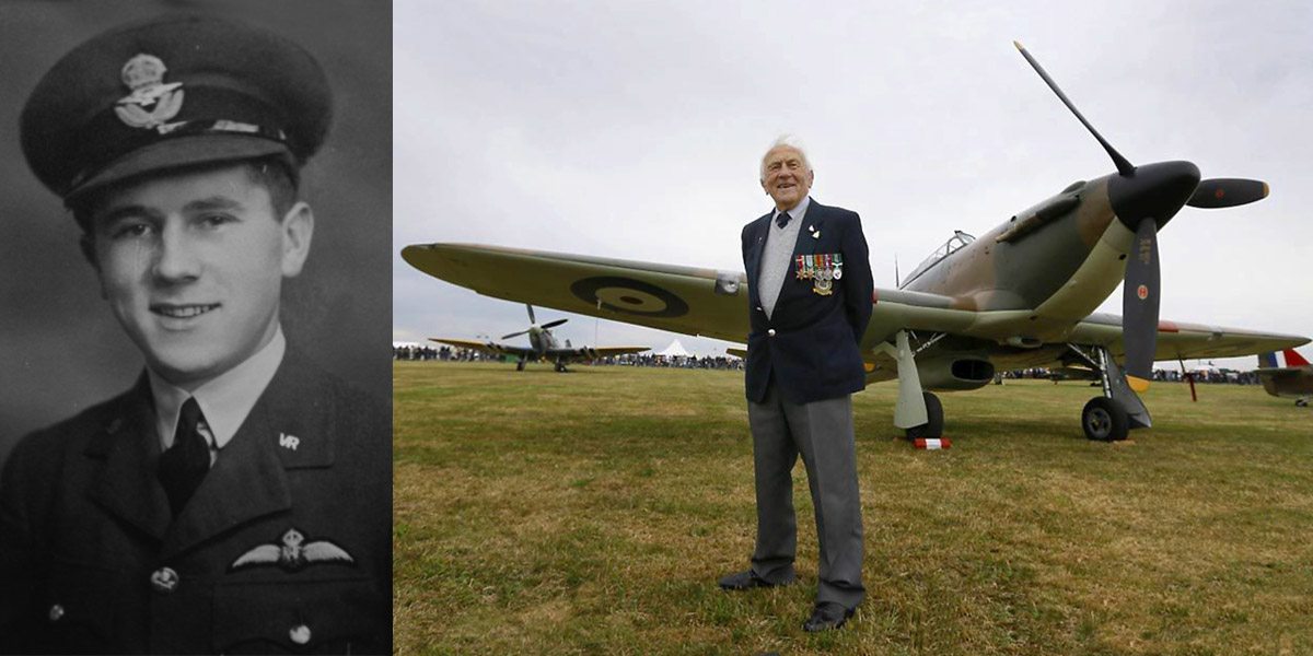 Tony Pickering in 1940 and with a surviving Hawker Hurricane during the 2015 battle of Britain 70th anniversary commemorations.