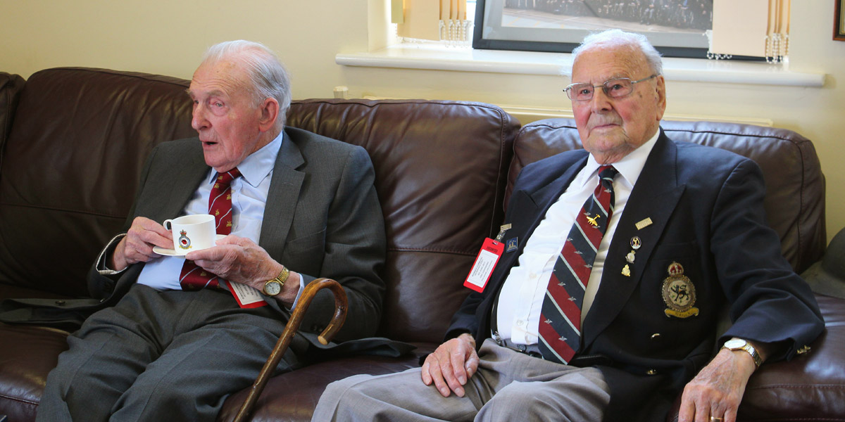 George ‘Johnny’ Johnson (left,) ‘Dambusters’ bomb aimer, and George Dunn (right), Halifax and Mosquito pilot, in the BBMF ‘Lancaster Lounge’ 