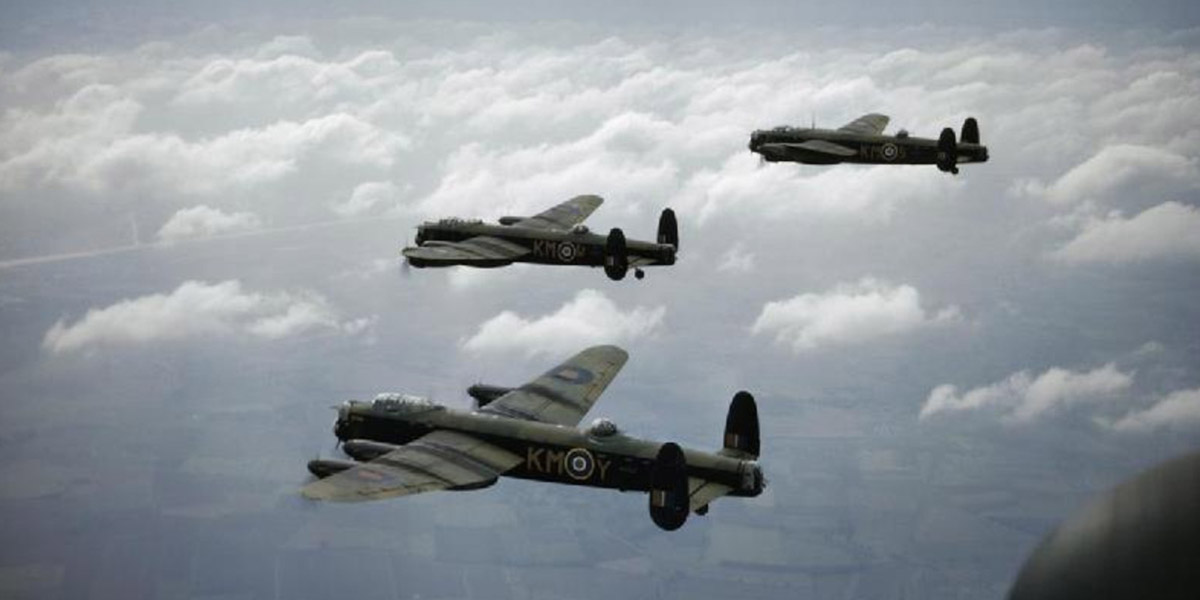 Three Lancaster B1s of No 44 Sqn flying in formation in 1942